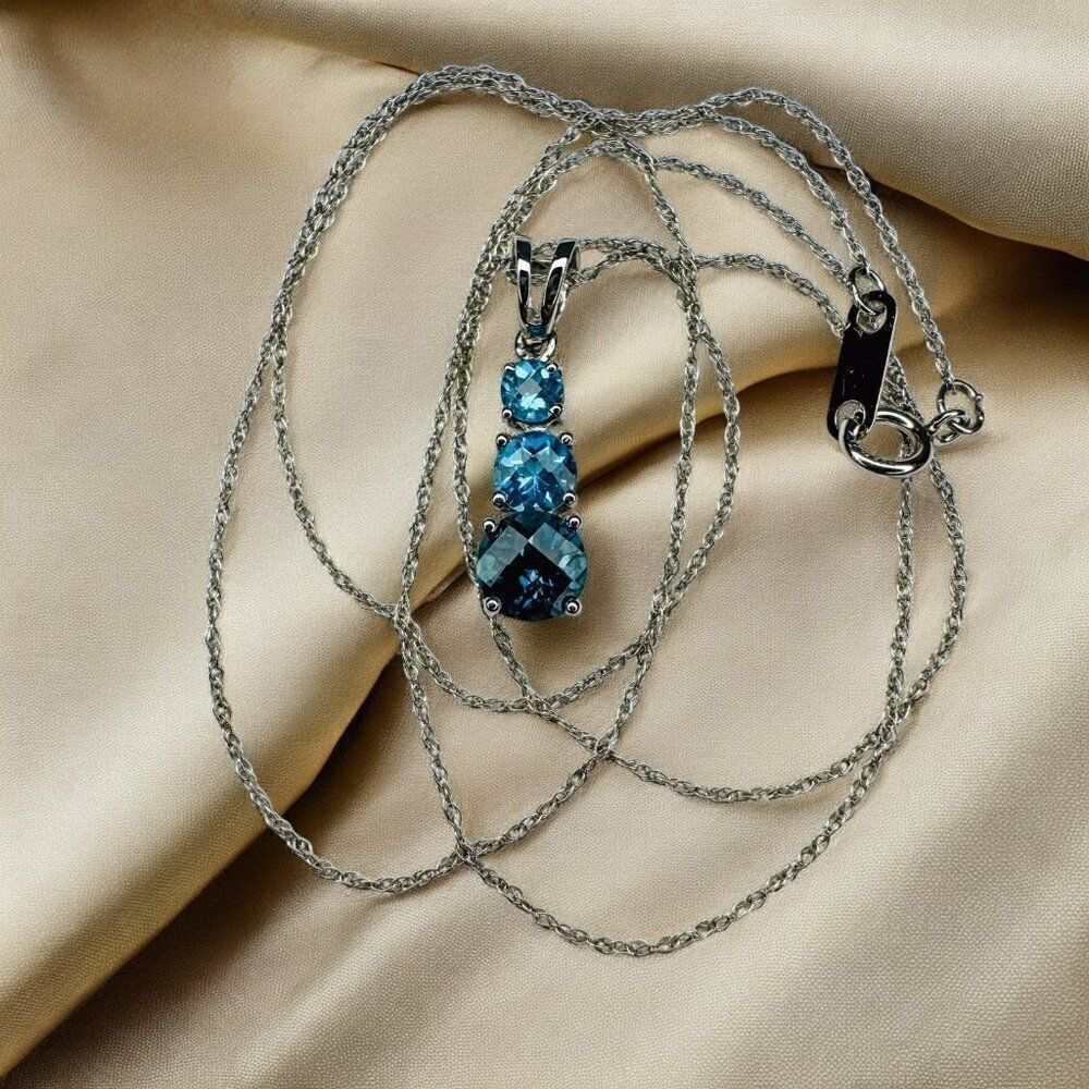 10K Gold- Swiss Blue Topaz & London Blue Topaz Necklace- 18" -White Gold- 1.7g - Picture 14 of 16